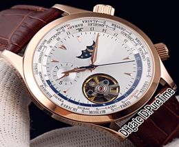 Master Control World Geographic Q1522420 Rose Gold Silver Dial Moon Phase Tourbillon Automatic Mens Watch Brown Leather Watches Pu1167806