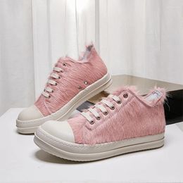 Walking Shoes High Street Brand Pink Fur Women Sneaker Men Thick Soled Low Top Round Toe