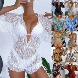 Designer bikini 2024 Long sleeved mesh waistband jumpsuit high waisted printed drawstring three piece bathing suit set bathing suit designer swimwear