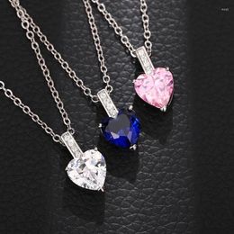 Pendant Necklaces 2024 Pink/Blue/White Heart Cubic Zirconia Necklace For Women Engagement Wedding Trendy Jewelry Romantic Love