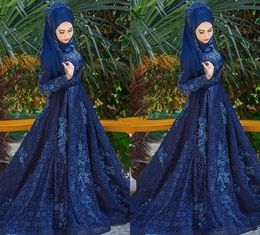 Navy Blue Muslim Lace Women Formal Evening Dresses Hijab Long Sleeves Applique 2017 Plus Size A Line Formal Prom Party Gowns9218012