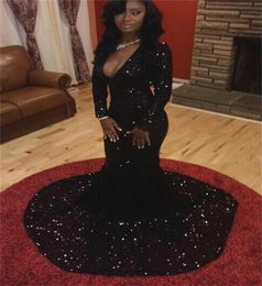 Bling Sequins Mermaid Prom Dresses with Long Sleeves Sexy Plunging V Neckline Sweep Train Black Girl Evening Gowns Formal Party Dr4132777