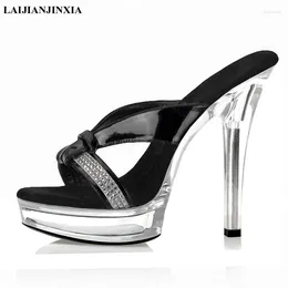 Slippers LAIJIANJINXIA Fashion Glitter Rhinestone 13 CM High Stripper Heeled Shoes Super Big Size Nightclub Women