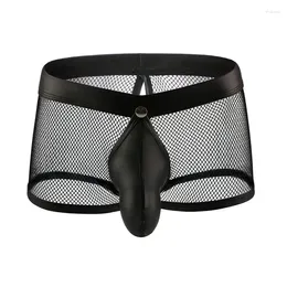 Underpants Sexy Men Faux Leather U Convex Pouch Boxers Mesh Sheer Open Crotch COCK Ring Breathable Underwear Gay Wear Plus Size F11