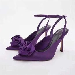 Dress Shoes TRAF Rose Flower Women Stilettos 2024 New Pointed Toe Ankle Straps Metal Buckle High Heels Solid Slingback Pumps For H240403