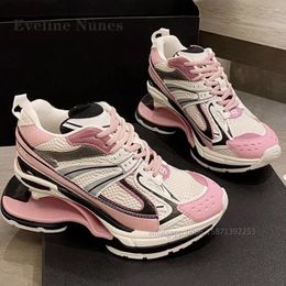 Dress Shoes Cross Tied Strange Style Pumps Round Toe Mixed Colors Air Mesh Height Increasing Women Sneakers Patchwork Hollow Casual