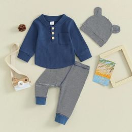 Clothing Sets Born Baby Boys Waffle Long Sleeve V-Neck Sweatshirt Striped Pants Bear Hat Set 3Pcs Fall Winter Clothes