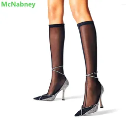 Dress Shoes Long Mesh Design Rhinestone Pumps 2024 Sexy Cross-tied Ankle Buckle Strap Boots For Women Pointed Toe Stiletto Fashion