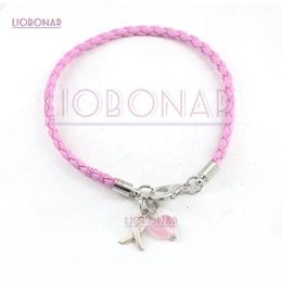 Wholesale Simple Pink PU Braid Leather Bracelets Awareness Jewellery Breast Cancer Bracelet With Pink Heart Ribbon Charm Pulsera