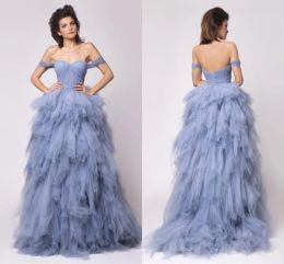 Dresses Ice Blue Off Shoulder Evening Gowns 2016 Tulle Ruffles Tiered Prom Gowns Sweep Train Backless Formal Party Dresses Custom Made