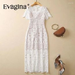 Party Dresses Evagina Fashion Women's Elegant V-Neck Water Soluble Short-Sleeved Hollow Out Embroidered Slim-Fit Hip Wrap MIDI Dress