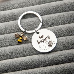 Keychains Cute Bee Happy Key Chain Ring Round Chram Jewellery Stainless Steel Funny Humour Gift For Friend Family