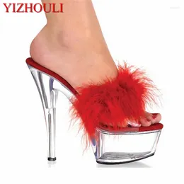 Slippers Sexy Crystal 15CM Feather Design Super Dance Platforms Heels Lady 6 Inch High Heel Shoes