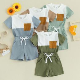 Clothing Sets Toddler Boys Summer Outfits Contrast Colour Ribbed Knit Short Sleeve T-Shirts Tops And Elastic Waist Shorts 2Pcs Clothes Set