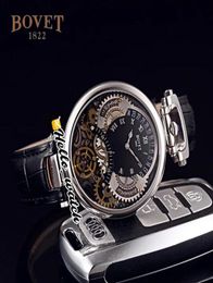 46mm Bovet 1822 Tourbillon Amadeo Fleurie Watches Quartz Mens Watch Steel Case Black Skeleton Dial Leather Strap HWBT HelloWatch8589622