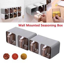 Kitchen Storage Wall Mounted Transparent Spice Seasoning Box Organizer Salt Sugar Cruet Pepper Container With 4 Spoons