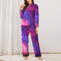 Home Clothing Colorful Galaxy Sky Pajamas Women Pink Purple Stars Elegant Daily Sleepwear Autumn 2 Pieces Casual Oversize Design Set