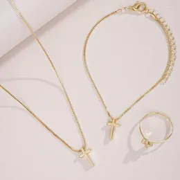 Necklace Earrings Set 3 PC Cross Pendant Bracelet Ring Gold Color Box Chain Charm Adjustable Women Jewelry