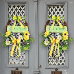 Decorative Flowers Home Door Garland Spring Floral Wreath For Front Garden Decoration Indoor Outdoor Welcome Sign With Bowknot
