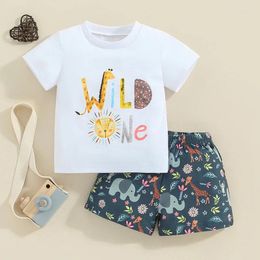 Clothing Sets Baby Boy First Birthday Outfit Wild One Short Sleeve T-Shirt Top Animal Print Shorts Set Outfits 1st