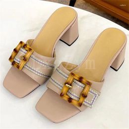 Slippers Real Leather Mules Women Sandals Square Toe Outdoor Beach Chunky Heels Summer Vacation Comfort Holiday One Belt Shoes