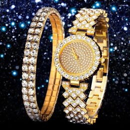 Wristwatches 2pcs Women's Fashion Simple Gold Steel Band Quartz Watch Female Clock Women Bracelet Watches Set With Diamonds