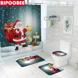 Shower Curtains Merry Christmas Bathroom Curtain Santa Claus Set Bath Mats Rugs Durable Non-Slip Carpet Toilet Cover Xmas Decor