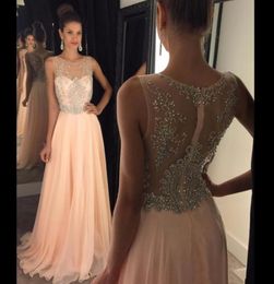 2020 Evening Dresses Wear Bling Jewel Neck Crystal Beading Chiffon Peach Sheer Back Floor Length Long Formal Cheap Party Dress Pro6447325