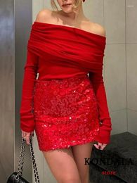 Women's Blouses KONDALA Sexy Chic Red Slash Neck Women Long Sleeve Pleated Slim Tops Fashion 2024 Spring Elegant Y2K Girl