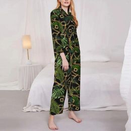 Home Clothing Baroque Print Pajama Sets Autumn Tropical Palm Leaves Cute Leisure Sleepwear Women 2 Piece Retro Oversize Pattern Nightwear