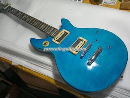 Custom Tak Matsumoto Double Cutaway Aqua Blue Flame Maple Top Electric Guitar Abalone Block Inlay, Black Body Binding, Tuilp Tuners, Black Body Binding