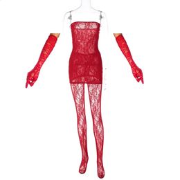 3 Piece Sexy Women Mini Lace Dress with Leggings and Gloves Matching Set See Through Red Party Club Dresses Suit 2024 Y2K Outfit 240402