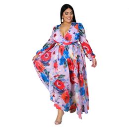 Designer Women's Fashion Sexy European and American Large Size Dress new fashion Paris V-Neck long sleeve Flower Beach Chiffon Dress Obese women's casual dress UBXI