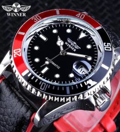 Winner 2018 Fashion Black Red Sport Watches Calendar Display Automatic Selfwind Watches for Men Luminous Hands Genuine Leather2886632884