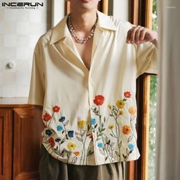 Men's Casual Shirts Men Shirt Flower Printing Lapel Short Sleeve Loose Clothing Streetwear Korean Style 2024 Summer S-5XL INCERUN