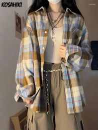 Women's Blouses Vintage Sweet Grunge Plaid Shirts Women Japanese Single Breasted Y2k Aesthetic Contrast Colour Pocket Blusas Outerwear