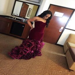 2019 New Burgundy Long Mermaid Prom Dresses Rose Floral Flowers Tiered Sweetheart Velvet Plus Size Formal Party Gowns Evening Dres5792719