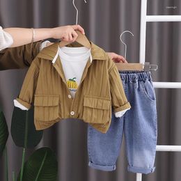 Clothing Sets Baby Tracksuit Set 2024 Spring Korean Style Solid Color Turn-down Collar Shirts White T-shirts Jeans Children Clothes Boys