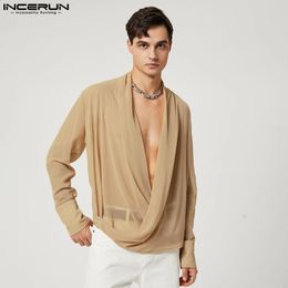 INCERUN Tops American Style Mens Fashion Bright Stripes Pile Blouse Casual Solid Color Cross Long Sleeve Shirts S-5XL 240329