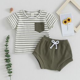 Clothing Sets Infant Boy Girl Summer Outfit Striped Print Short Sleeve T Shirt Shorts Clothes Set Waffle Baby