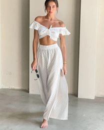 Women's Two Piece Pants 2024 Spring/Summer Solid Color Set Sexy Open Back Top High Waist Wide Leg Casual Vacation