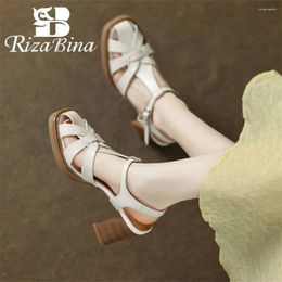 Dress Shoes RIZABINA Real Leather Women Sandals Round Toe High Heel T-Strap Pumps 2024 Spring Summer Ladies Elegant Party Prom Wedding