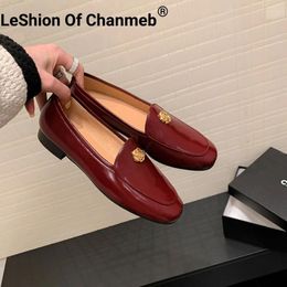 Casual Shoes LeShion Of Chanmeb Natural Sheepskin Leather Loafers INS Women Luxury Metal Flower Shoe Slipon Beige Burgundy Flats 33-41