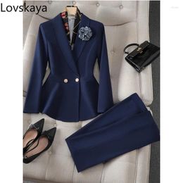 Women's Two Piece Pants Slim Ruffle Jacket Blazer And Trouser Female Work Wear Formal 2 Set For Autumn Blue White Elegant Ladies Pant Suit