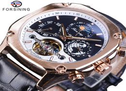 Forsining Luxury Golden Mechanical Mens Watches Square Automatic Moonphase Tourbillon Date Genuine Leather Band Watch Clock Gift249657402