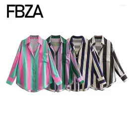 Women's Blouses FBZA Women Fashion Fall Long Sleeved Striped Satin Lapel Casual Loose Button Up Shirt Chic Ladies Tops Mujer