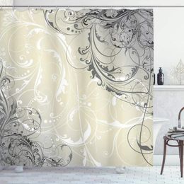 Shower Curtains Floral Baroque Swirled Curved Flower Leaves Nature Pattern Cloth Fabric Bathroom Decor Set Hooks Eggshell White