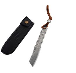 High Quality Small Damascus Fixed Blade Knife VG10 Damascus Steel Tanto Point Blades Full Tang Bamboo Handle With Leather Sheath6345067