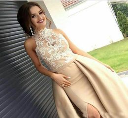 Custom Made Champagne Sheath Long Prom Dresses 2019 High Neck Applique Satin Side Split Dubai Formal Evening Gown with Overskirt8727965