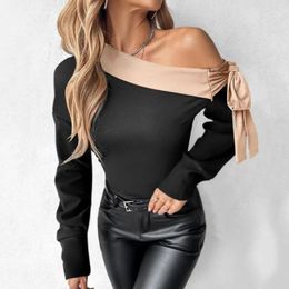 Women's Blouses Spring Top Long Sleeve Elegant Flower Embroidery Mesh One Shoulder Blouse With Lace Up Detail Hollow Out Design For